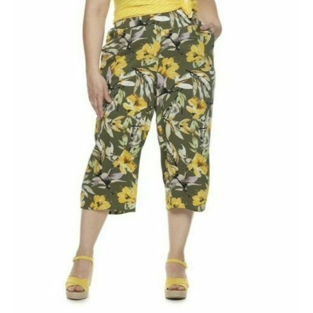 EVRI Women Midrise Wide Leg Cropped Soft Pants Pull-On Floral Plus Sz 16W